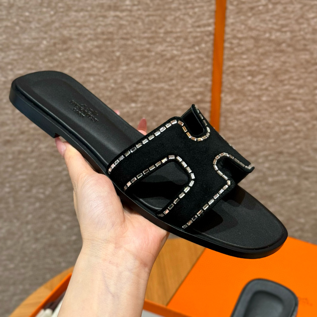 에르메스 Hermes 181 Oran sandal Chamois and Drilling&89 Noir