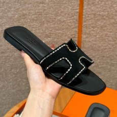 에르메스 Hermes 181 Oran sandal Chamois and Drilling&89 Noir