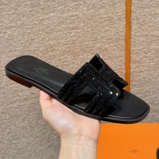 에르메스 Hermes 181 Oran sandal Chamois and Drilling&89 Noir
