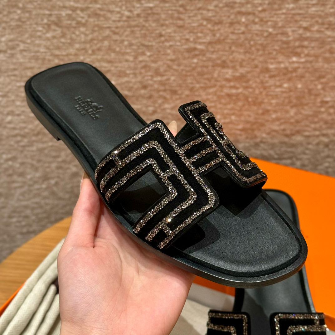 에르메스 Hermes 181 Oran sandal Chamois and Drilling&89 Noir