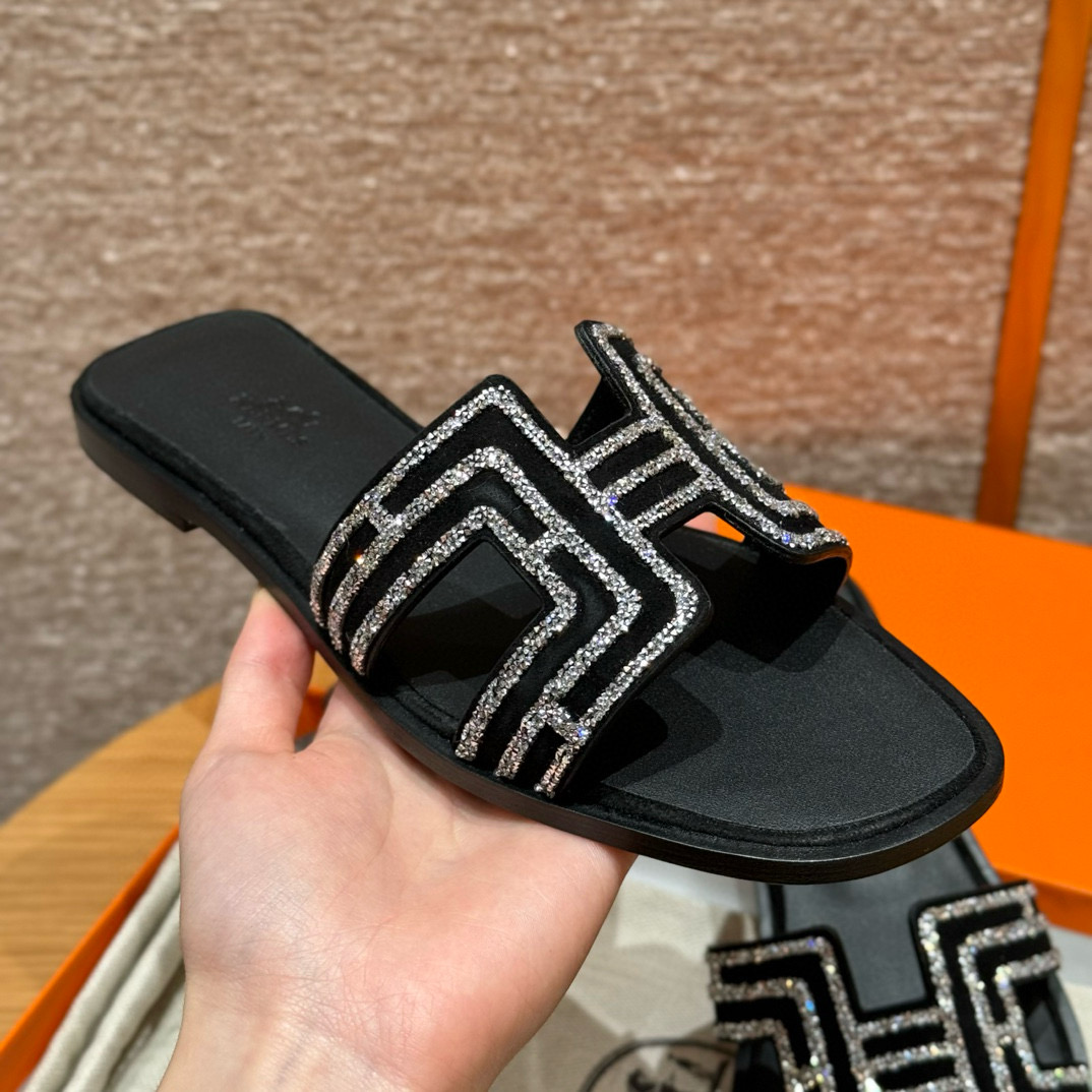 에르메스 Hermes 181 Oran sandal Chamois and Drilling&89 Noir
