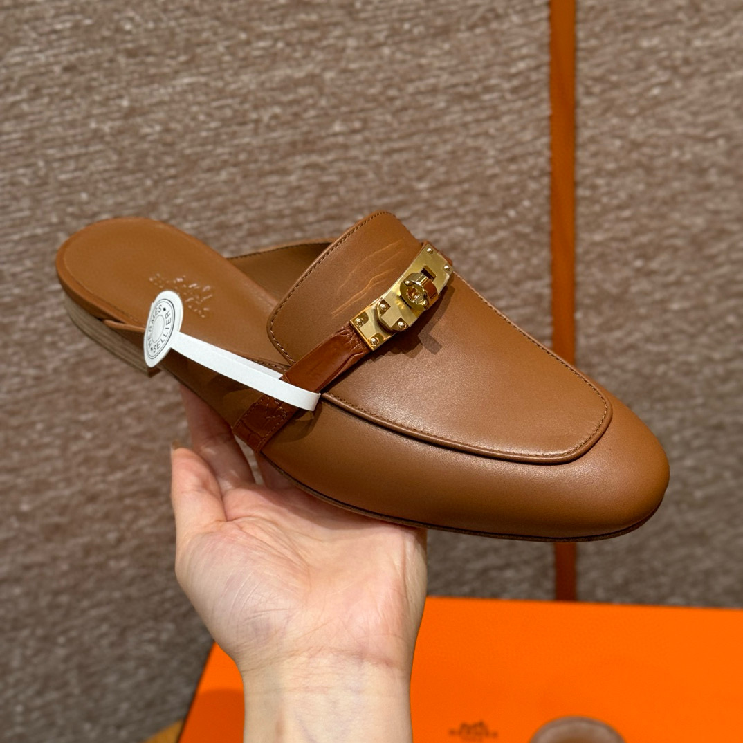 에르메스 Hermes 188 Oz Mule Goatskin and Crocodile&37 Gold