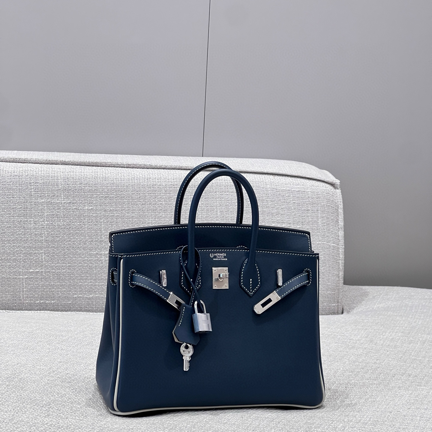 에르메스 Hermes Birkin 25cm Swift 7P Blue de presse and 80 Girs Perle/silver