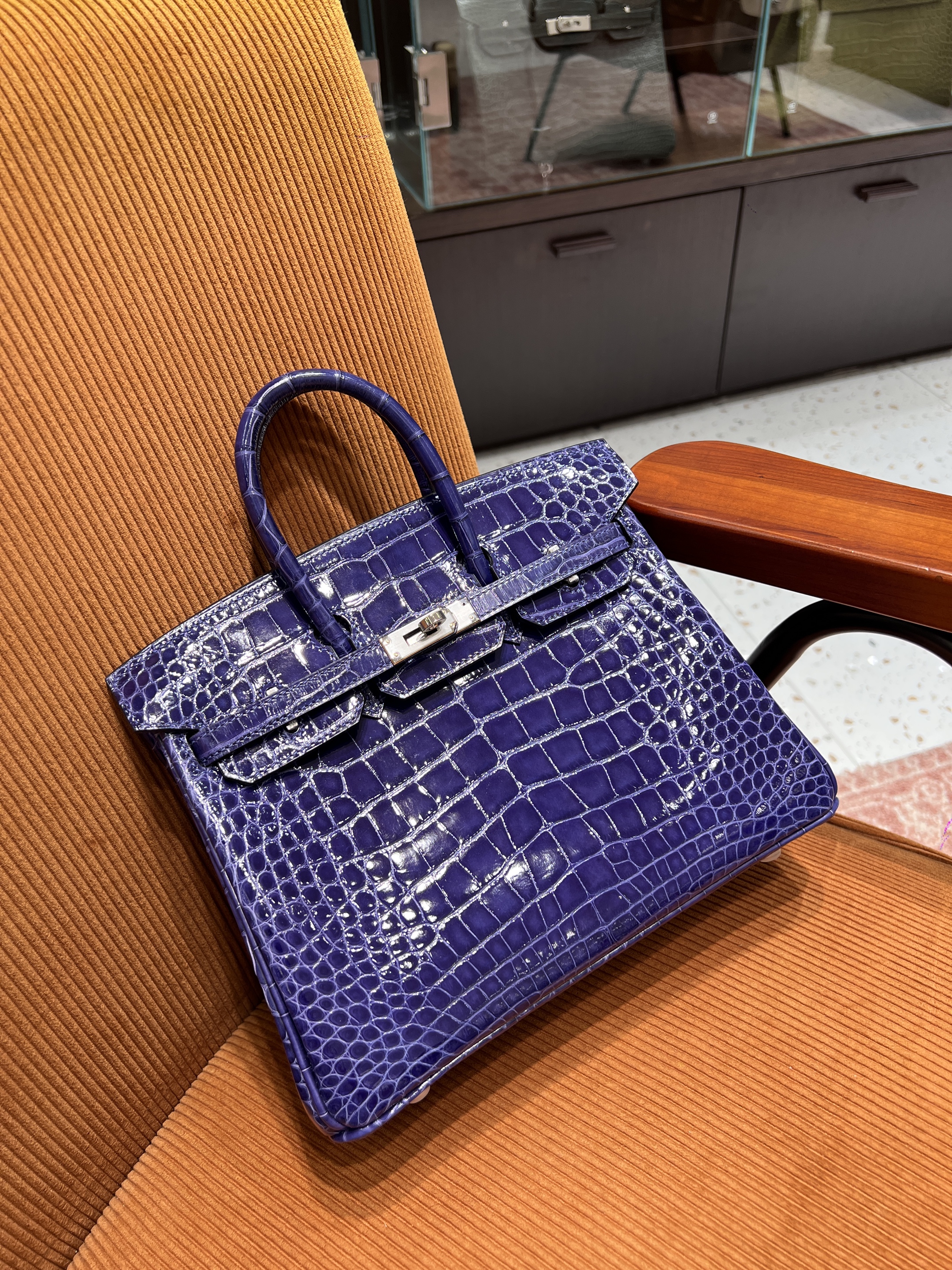 에르메스 Hermes Birkin 25cm France Hcp Alligator crocodile Blue Encre/silver