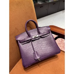 에르메스 Hermes Birkin 25cm France Hcp Moreletii crocodile Amethyst/silver