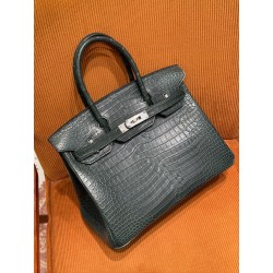 에르메스 Hermes Birkin 30cm France Hcp Porosus crocodile 6O Vert cypres/silver