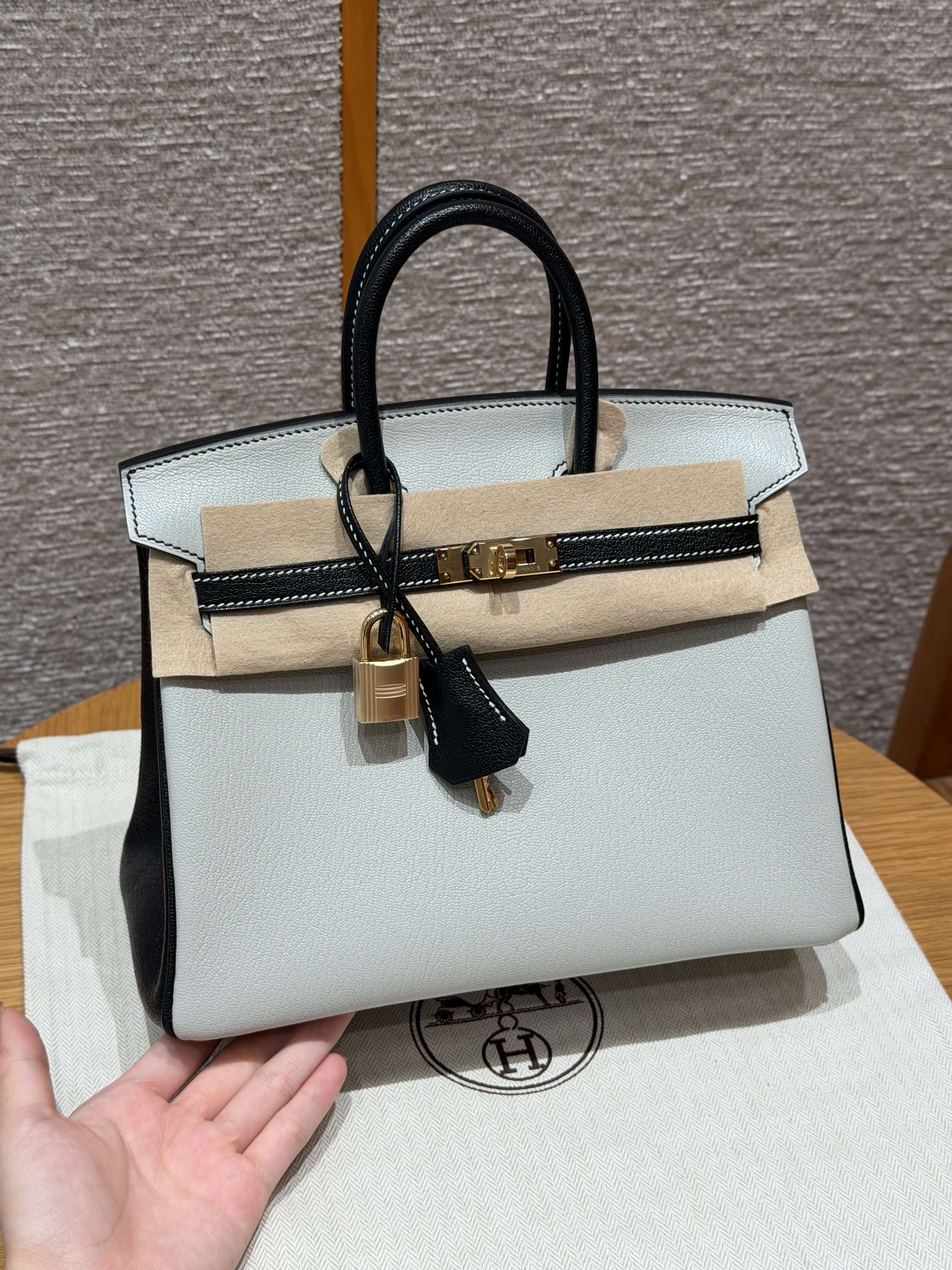 에르메스 Hermes Birkin 25cm Chèvre 80 Gris Perle and 89 Noir/gold