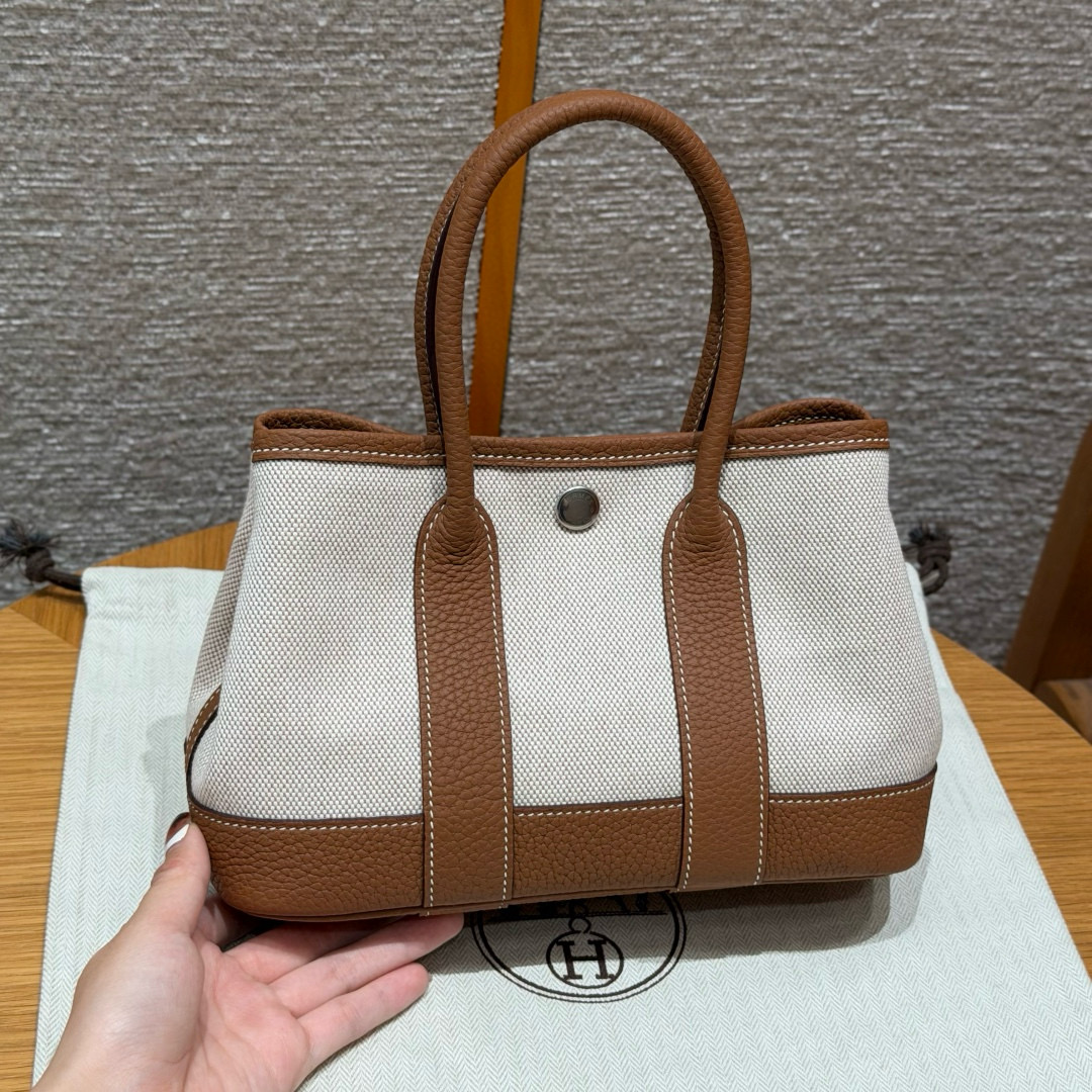 에르메스 Hermes Garden party mini 23cm Canbas and Negonda ecru gold