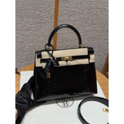 에르메스 Hermes Kelly 25cm Bright faced Alligator 89 Noir/gold