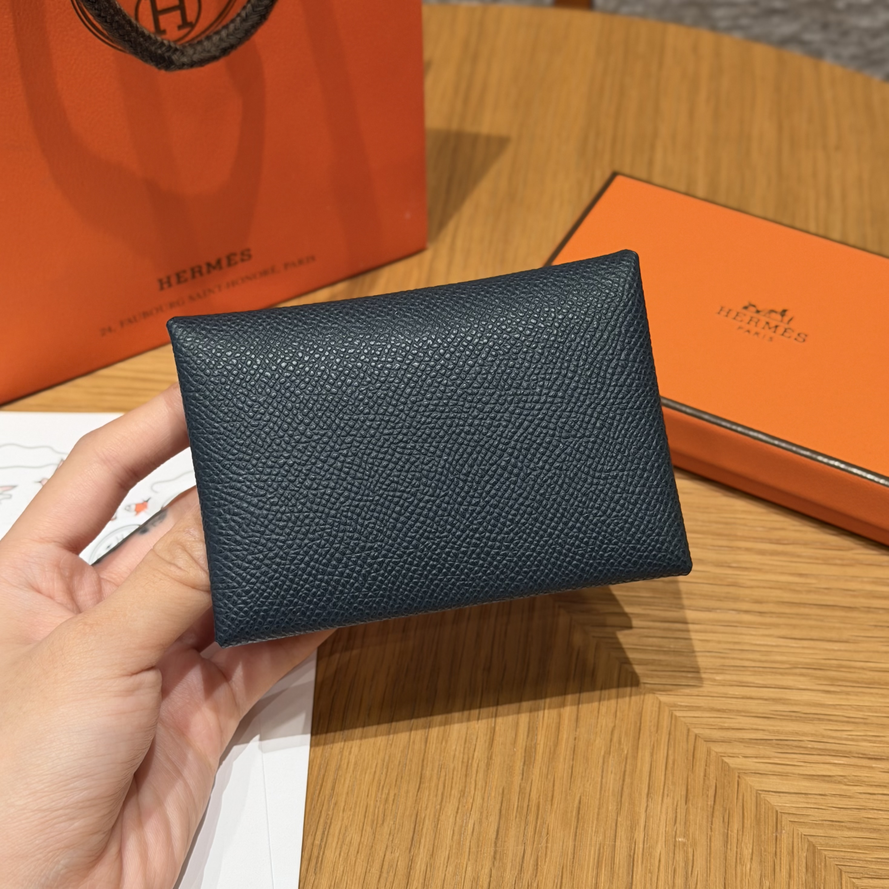 에르메스 Hermes Calvin duo Card Holder 10cm Epsom Y7 Blue Orage/silver