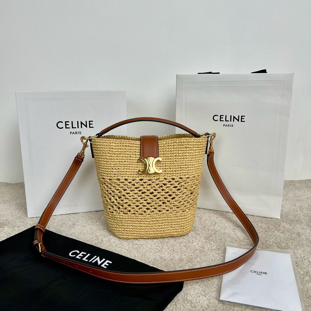 셀린느 Celine 119742 Small Louise Bucket in Raffia and Calfskin Natural Tan