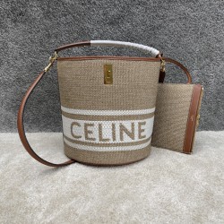 셀린느 Celine 195573 Bucket 16 Bag in Striped Textile with Celine Jacquard and Calfskin Tobacco Tan
