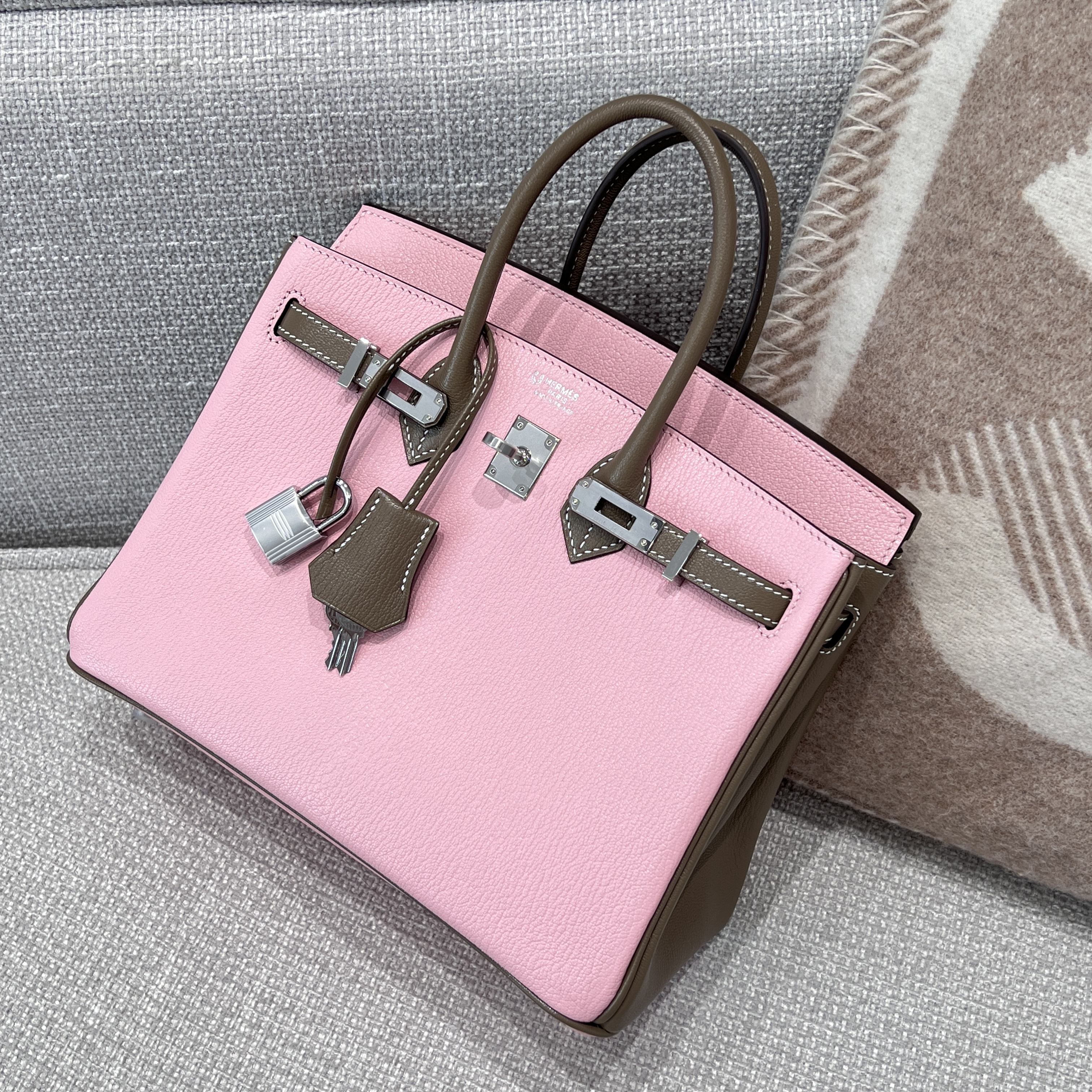 에르메스 Hermes Birkin 25cm Mysore 3Q Rose Sakura and 18 Etoupe/silver