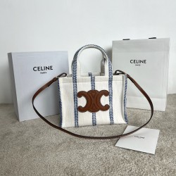 셀린느 Celine 199162 Small Cabas Thais in Striped Textile and Calfskin White Blue 25cm