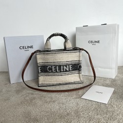 셀린느 Celine 199162 Small Cabas Thais in Striped Textile with Celine Jacquard White Black 25cm
