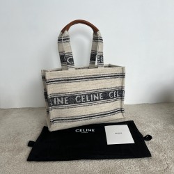 셀린느 Celine 196762 Large Cabas Thais in Striped Textile with Jacquard White Black 40cm