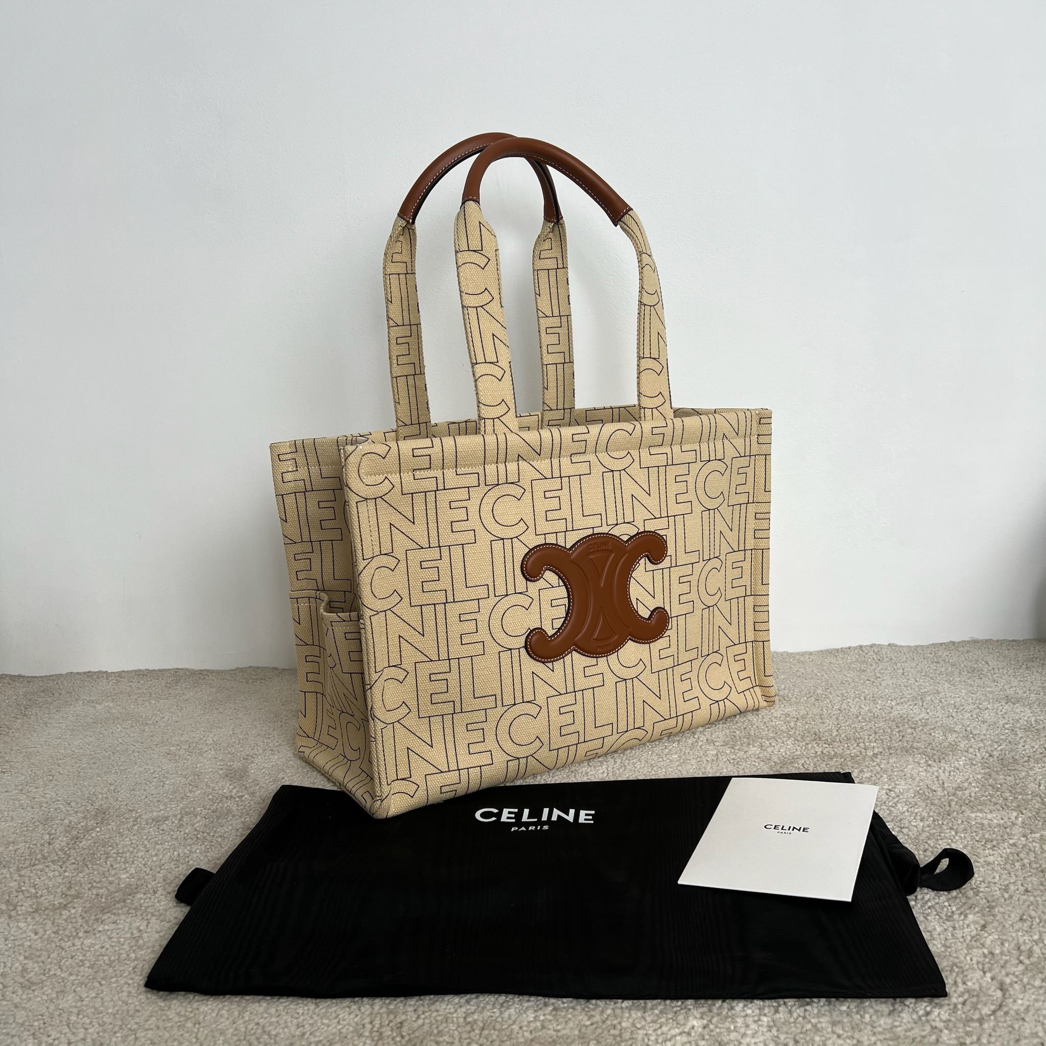 셀린느 Celine 196762 Large Cabas Thais in Textile With Celine All-Over Print Natural Tan 40cm