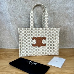 셀린느 Celine 196762 Large Cabas Thais in Textile with Triomphe Canvas Print and Calfskin White 40cm