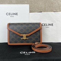 셀린느 Celine 113322 Enveloppe Bag in Triomphe Canvas Calfskin Tan 22cm