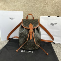 셀린느 Celine 117902 Medium Folco Backpack in Triomphe Canvas and Calfskin Tan