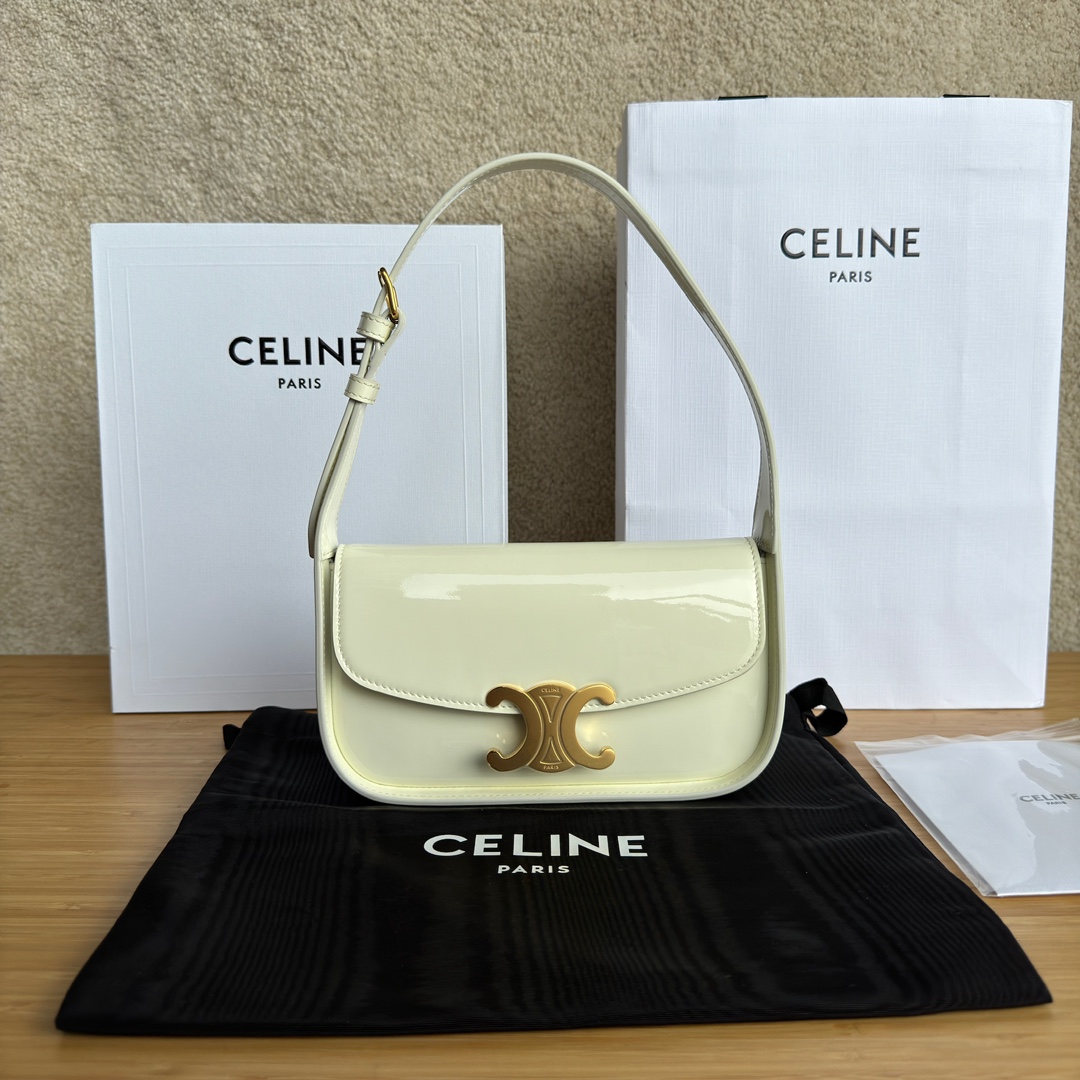 셀린느 Celine 118313 Shoulder Bag Terence In Patent Calfskin White 20.5cm