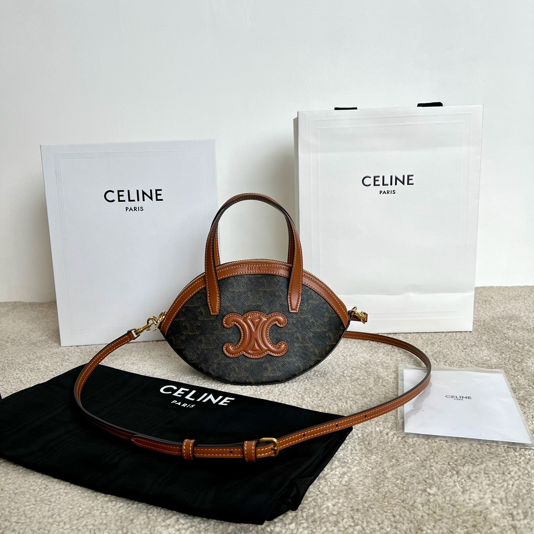 셀린느 Celine 122262 Oval Bag in Triomphe Canvas and Calfskin Tan