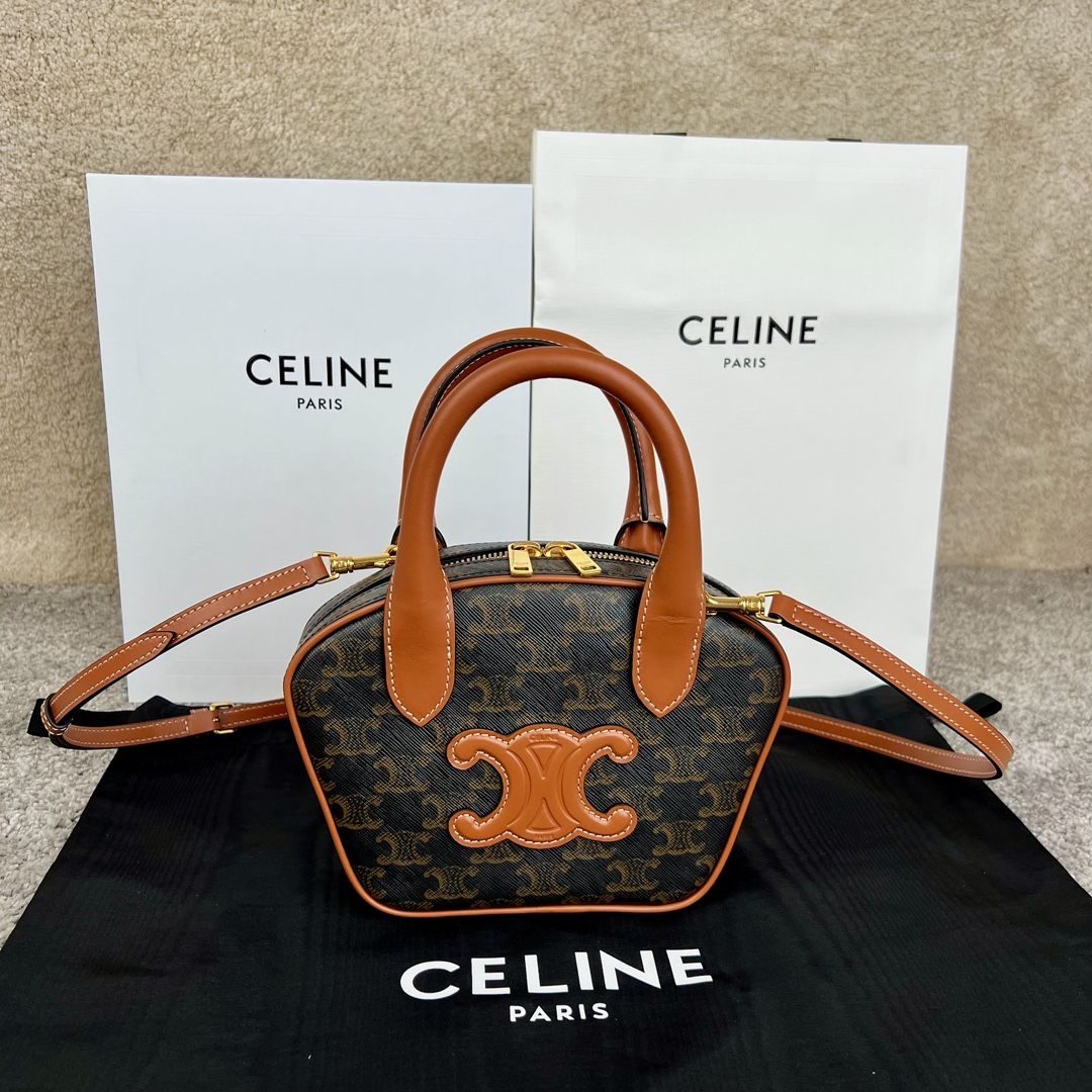 셀린느 Celine 110462 Mini Bowling Bag in Triomphe Canvas and Calfskin Tan 20cm