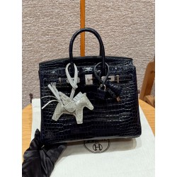에르메스 Hermes Birkin 25cm Porosus Crocodile 78 Blue Marine/silver