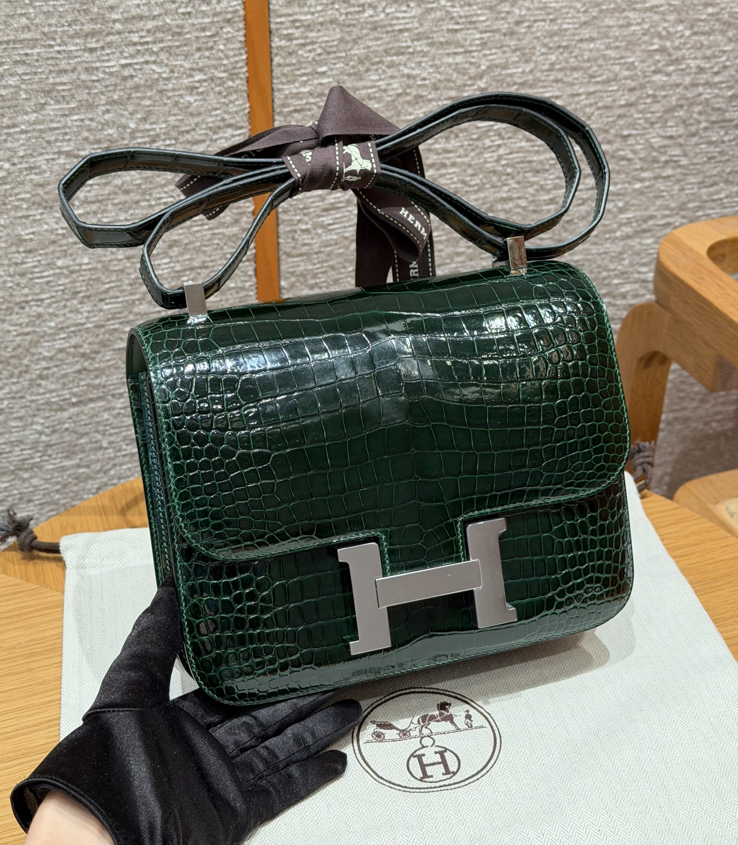 에르메스 Hermes Constance 24cm Porosus Crocodile 67 Vert Fonce/silver