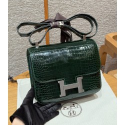 에르메스 Hermes Constance 24cm Porosus Crocodile 67 Vert Fonce/silver