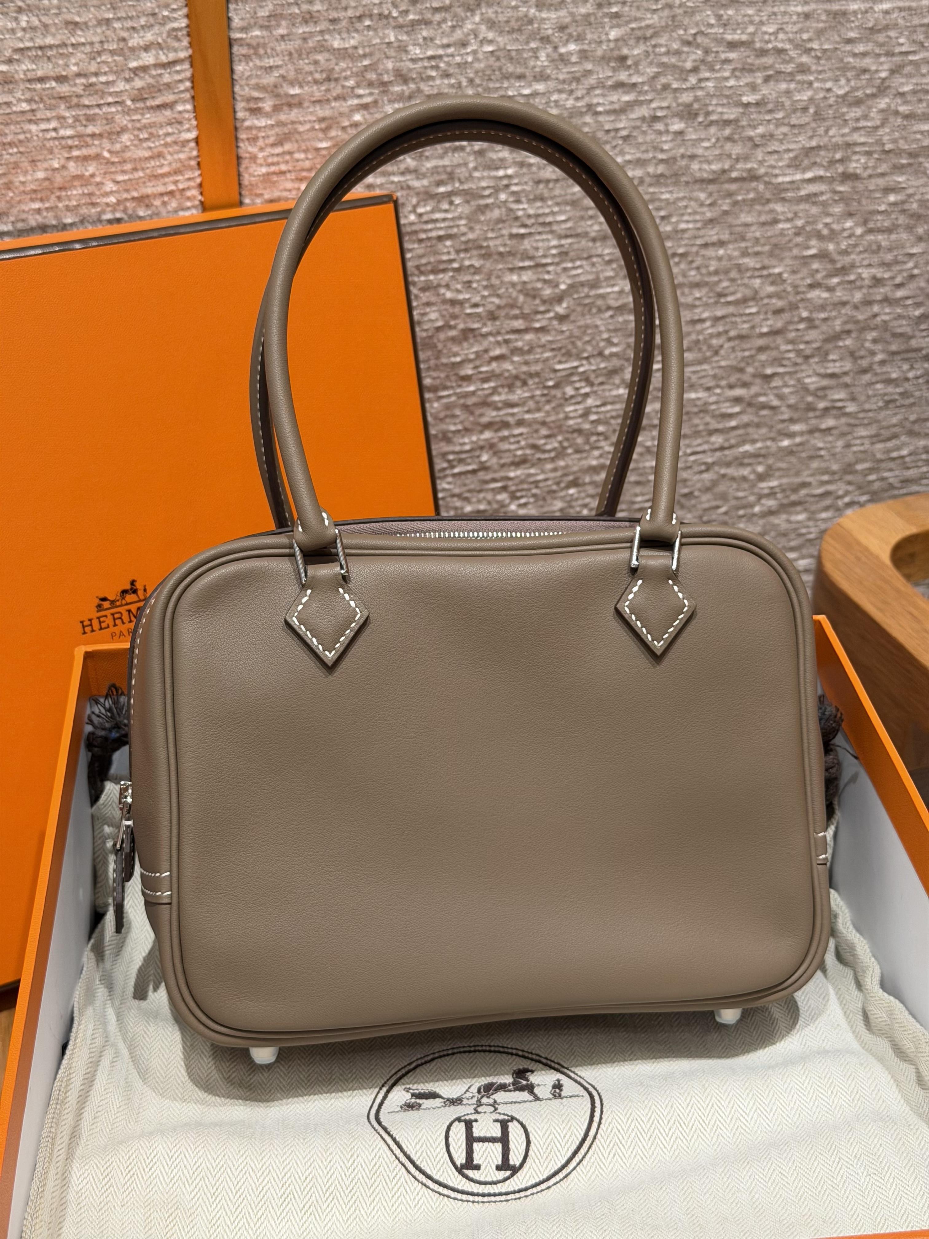 에르메스 Hermes Mini Plume 21cm Swift 18 Etoupe/silver