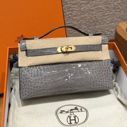 에르메스 Hermes Kelly Pochette 22cm Alligator 0W Gris neve/gold