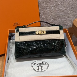 에르메스 Hermes Kelly Pochette 22cm Alligator 67 Vert Fonce/gold
