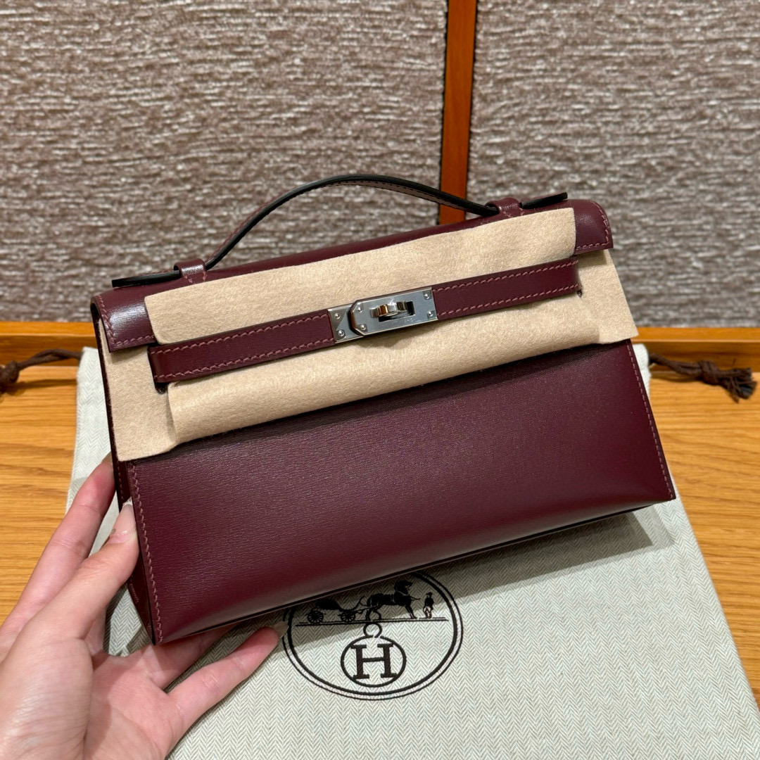 에르메스 Hermes Kelly Pochette 22cm Box 57 Bordeaux/silver