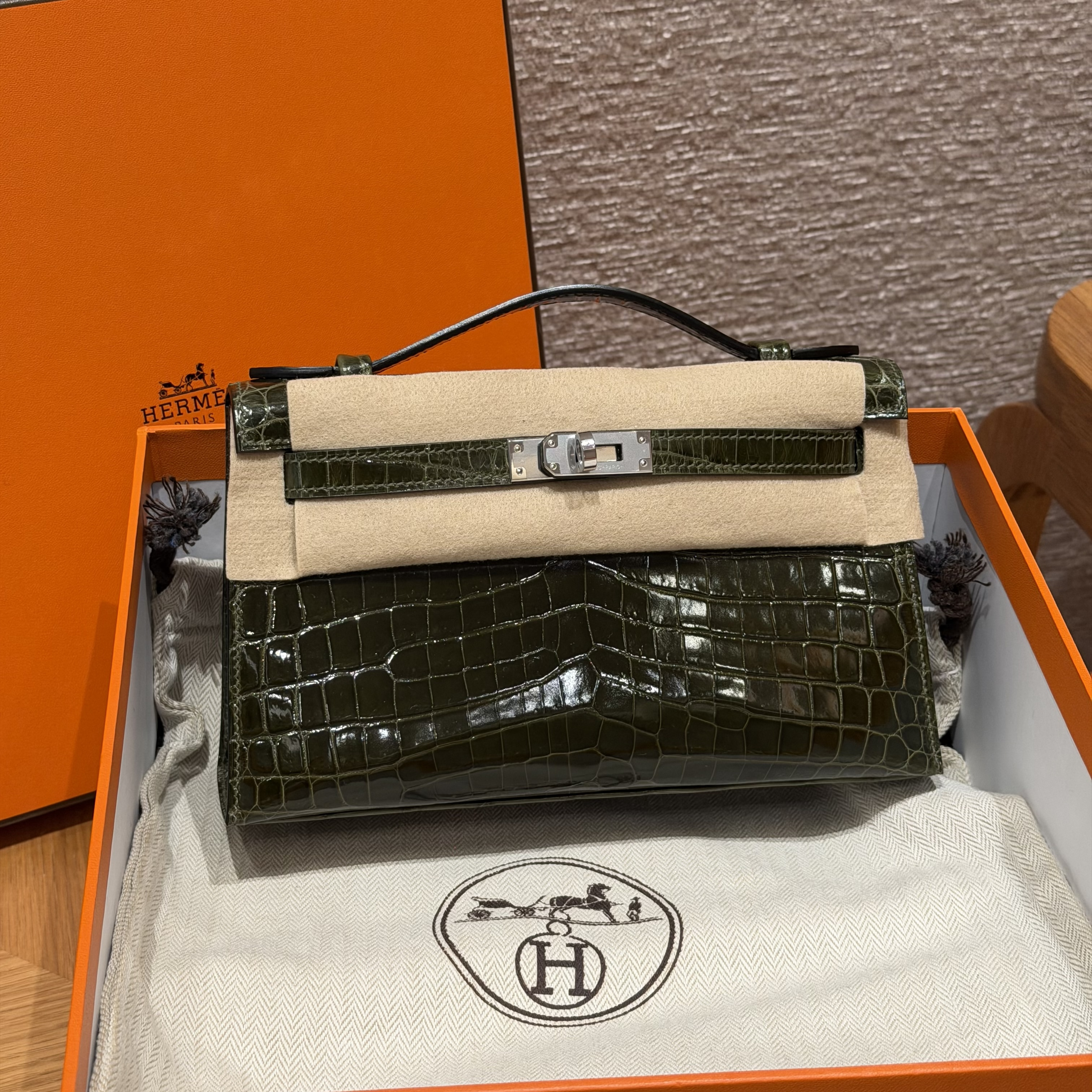 에르메스 Hermes Kelly Pochette 22cm Niloticus 2Q Vert Anglais/silver