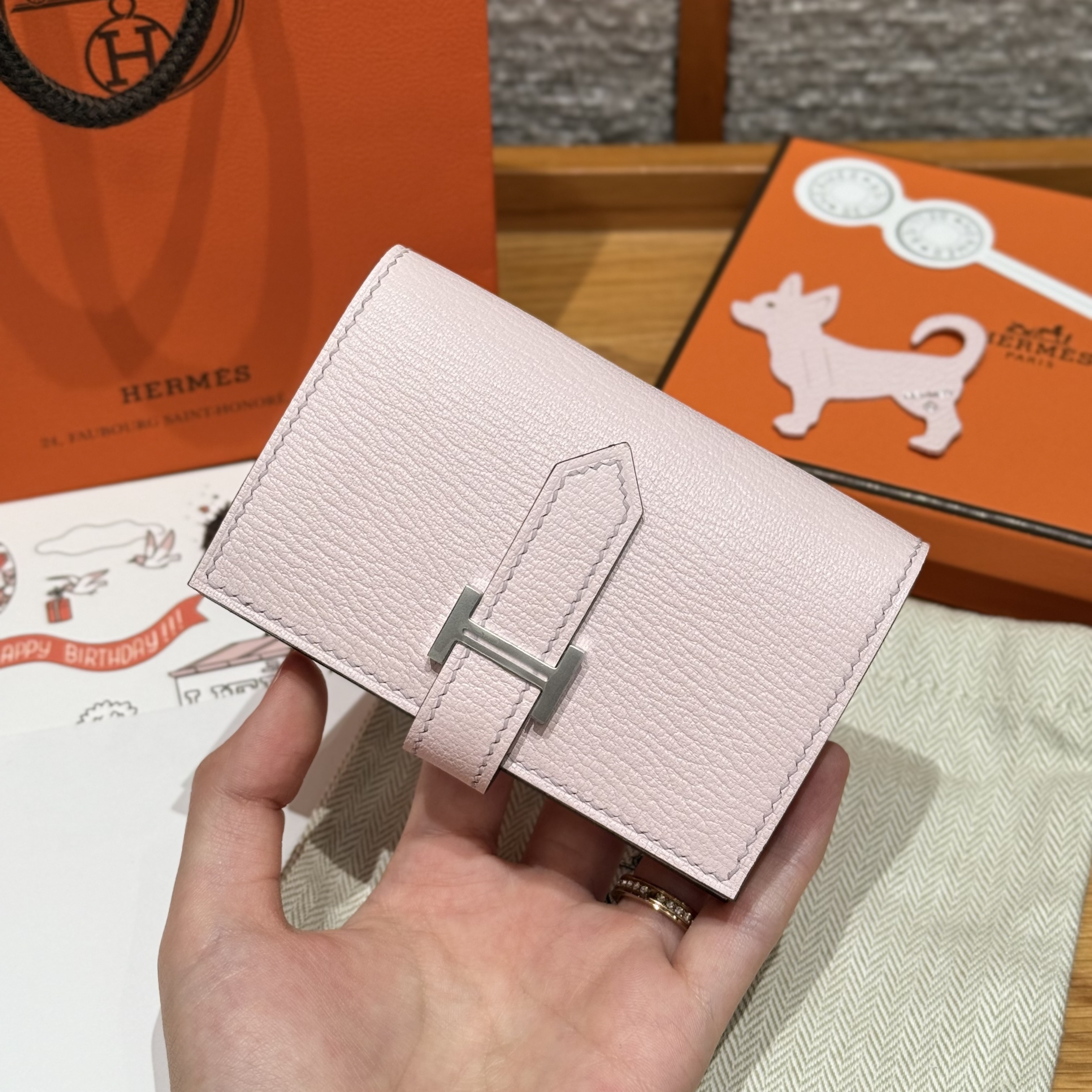 에르메스 Hermes Bearn mini wallet 10.3cm Chèvre 09 Mauve pale/silver