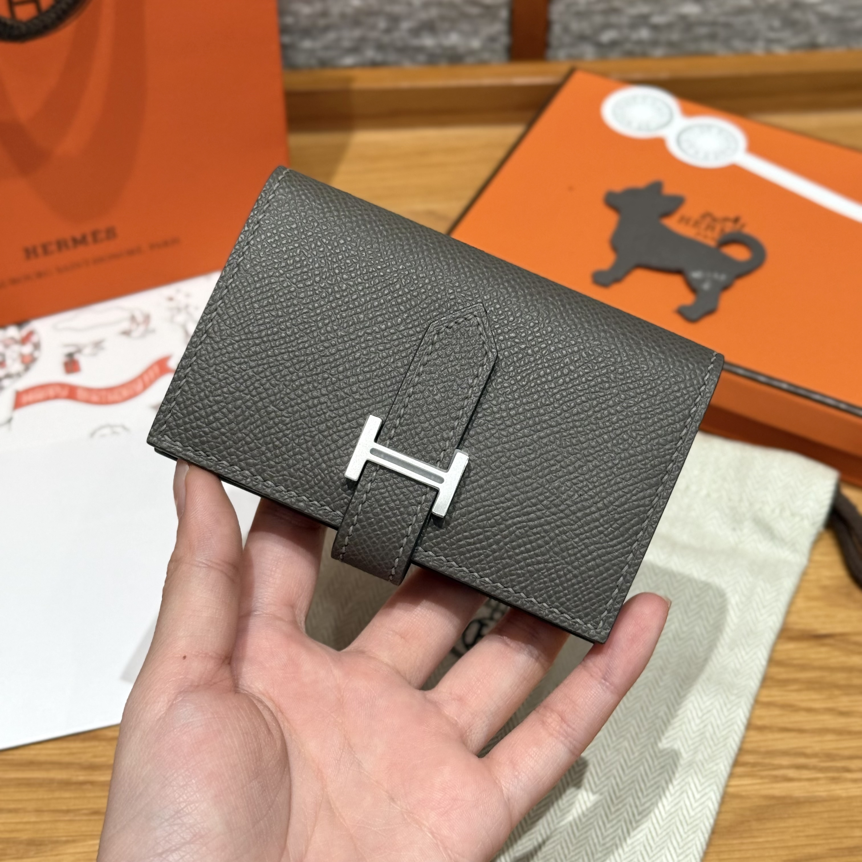 에르메스 Hermes Bearn mini wallet 10.3cm Epsom 0L Girs Meyer/silver
