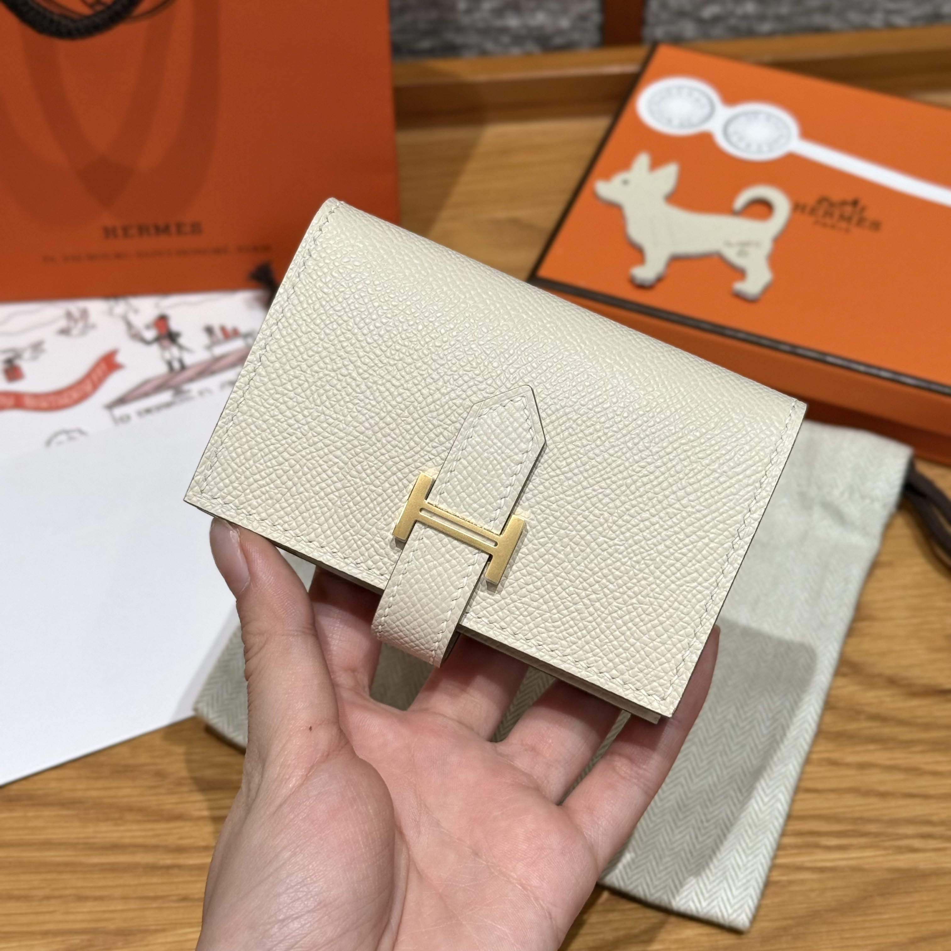 에르메스 Hermes Bearn mini wallet 10.3cm Epsom 10 Craie/gold