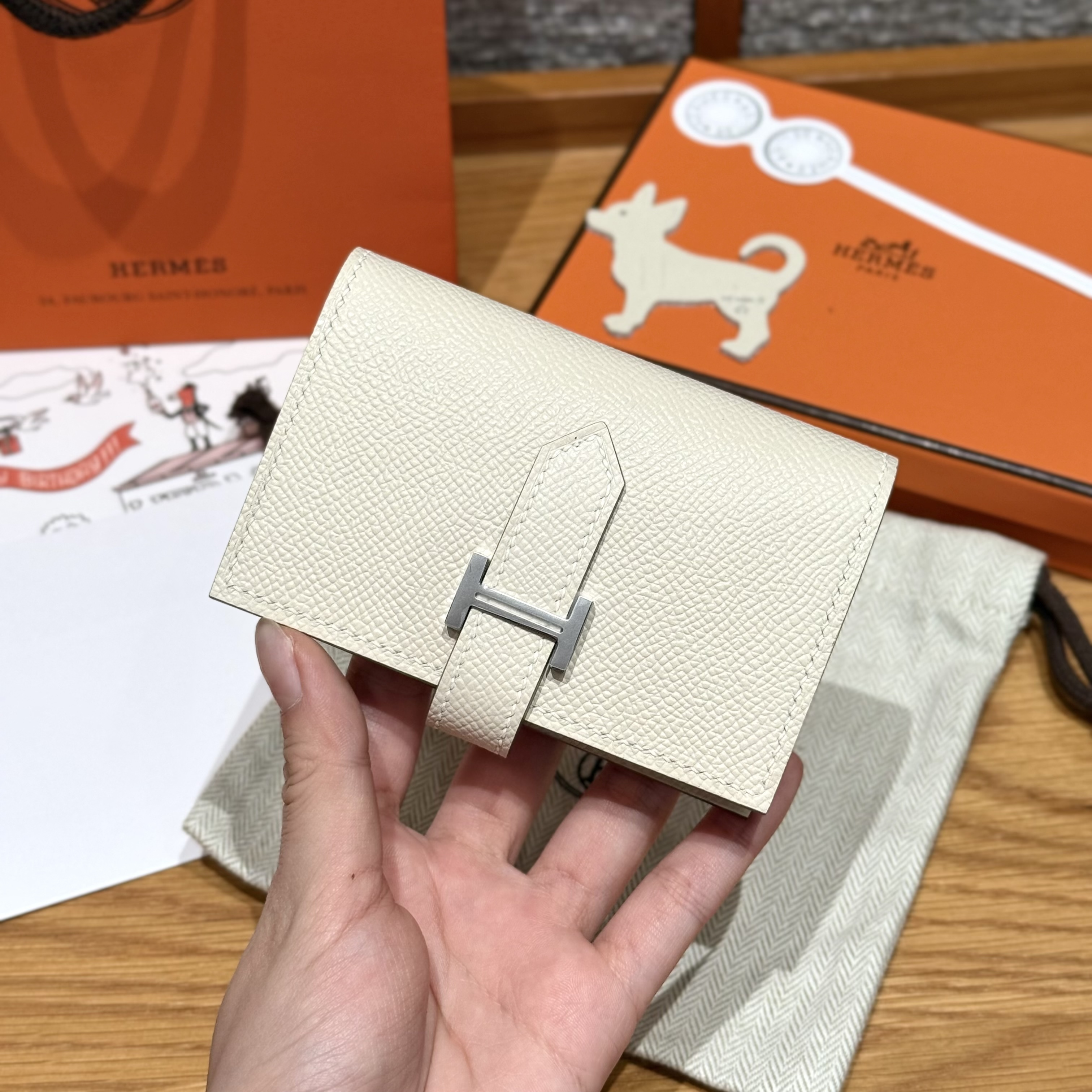 에르메스 Hermes Bearn mini wallet 10.3cm Epsom 10 Craie/silver
