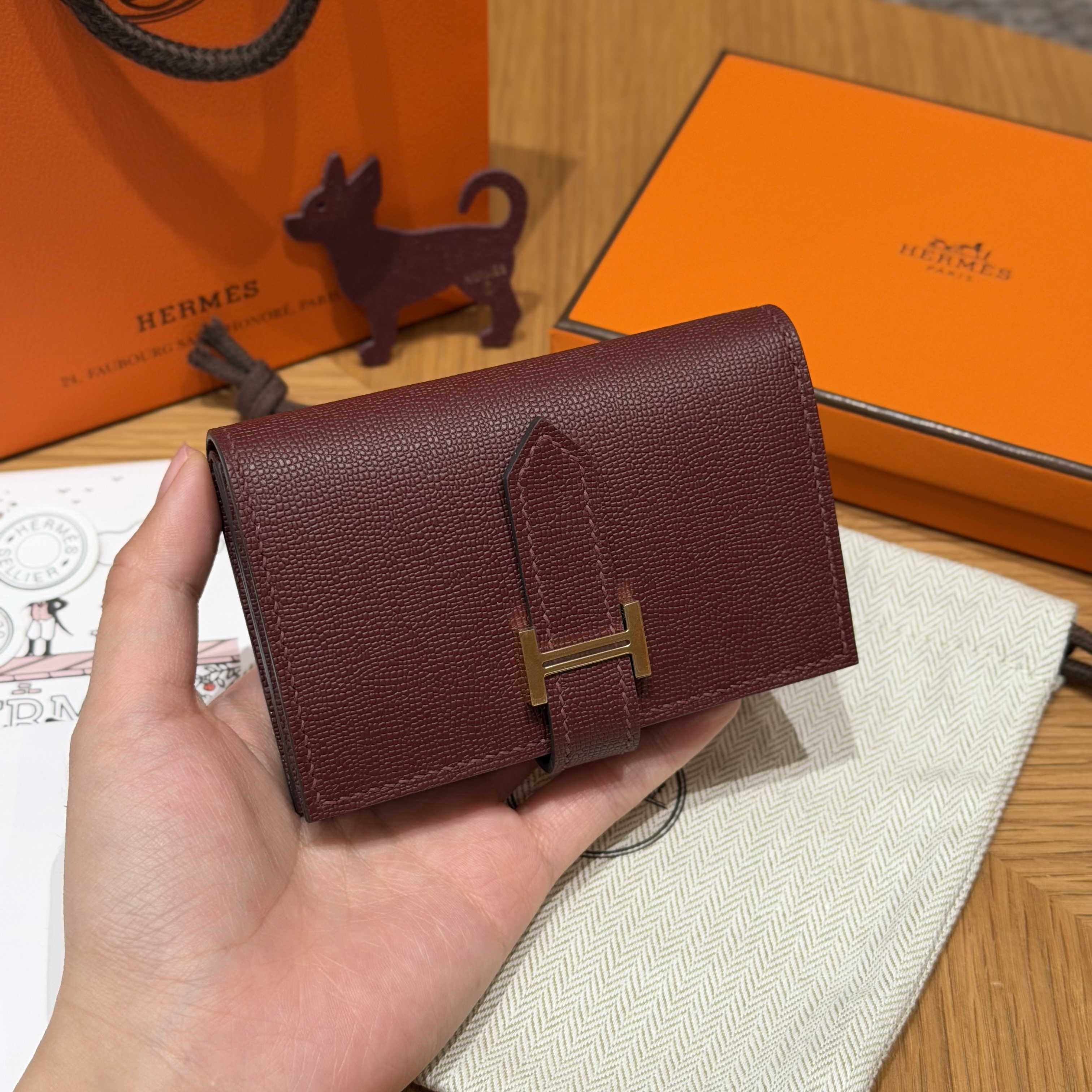 에르메스 Hermes Bearn mini wallet 10.3cm Madame 55 Rouge H/gold