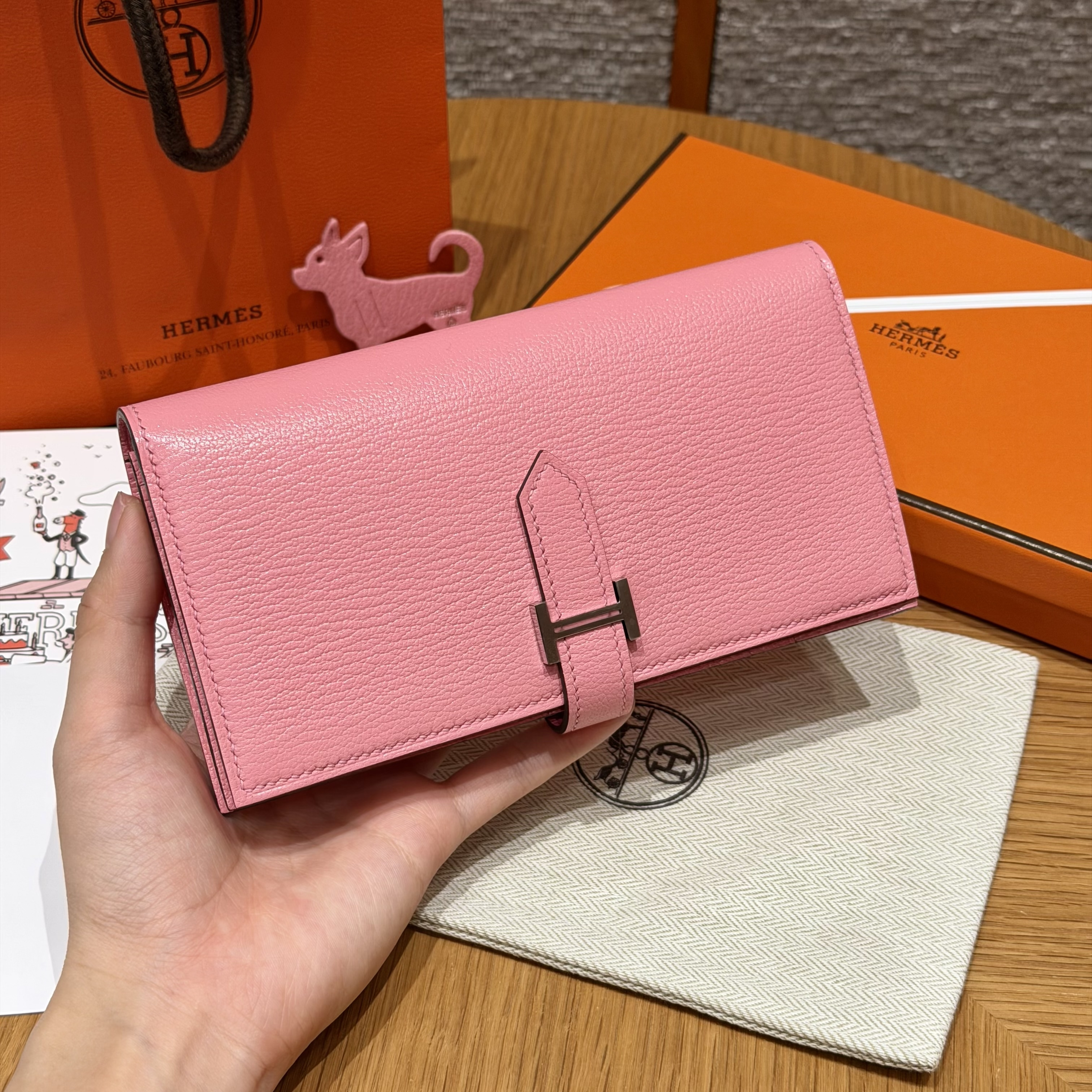 에르메스 Hermes Bearn wallet Soufflet 17.5cm Chever 5P Pink/silver