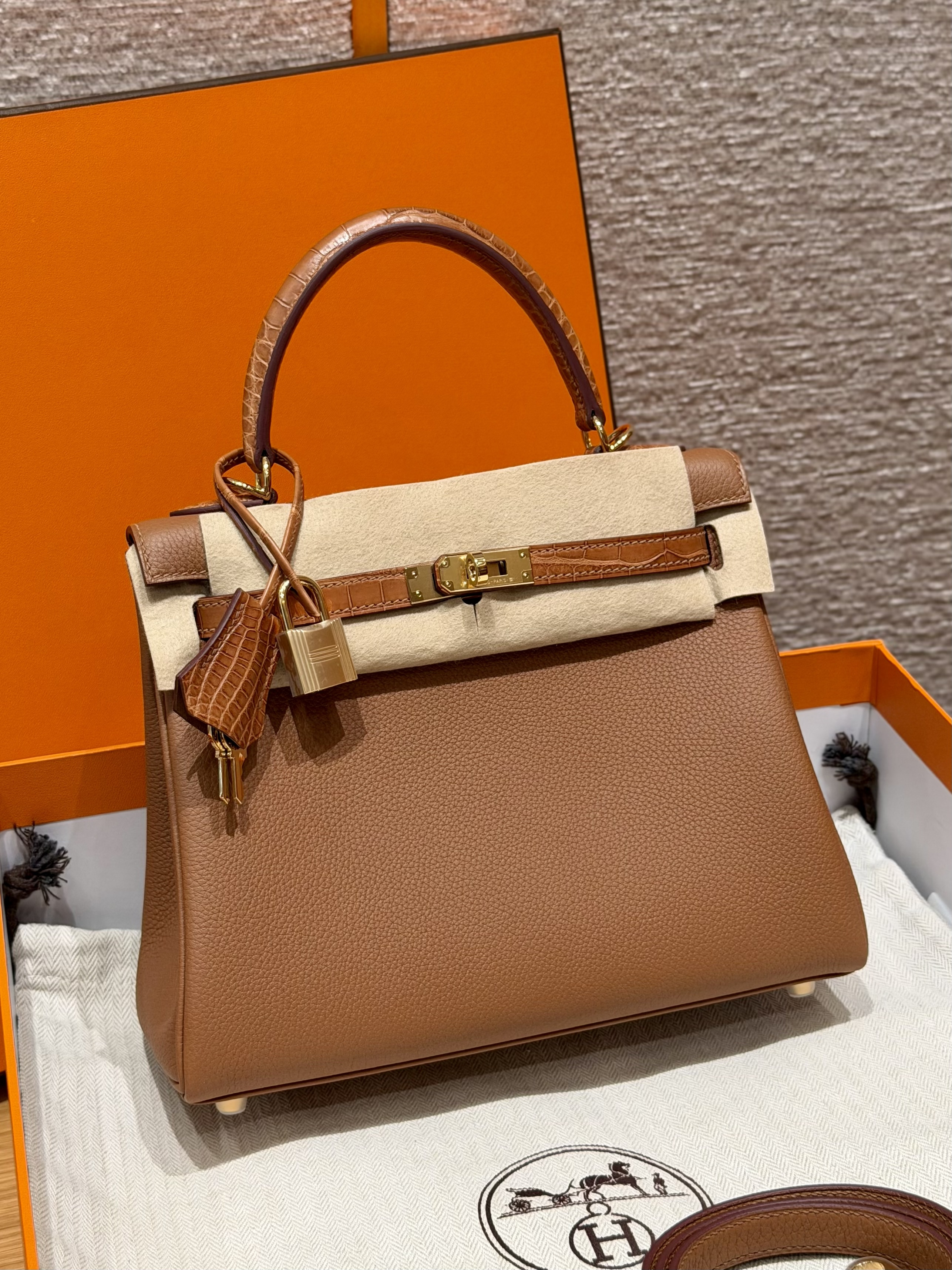 에르메스 Hermes Kelly Touch 25cm Togo and Alligator 37 Gold/gold