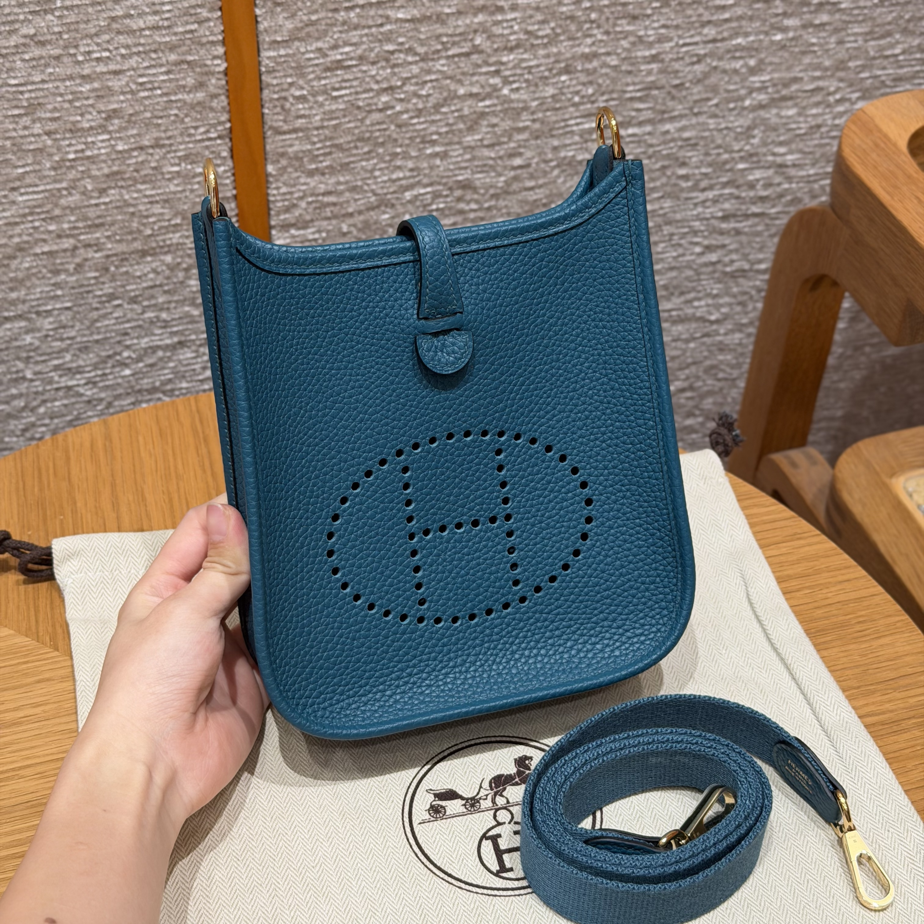 에르메스 Hermes Mini Evelyne 16cm clemence W0 Vert Bosphore/gold
