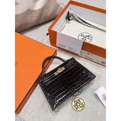 에르메스 Hermes Mini Kelly Hcp Porosus crocodile 88 Graphite/gold