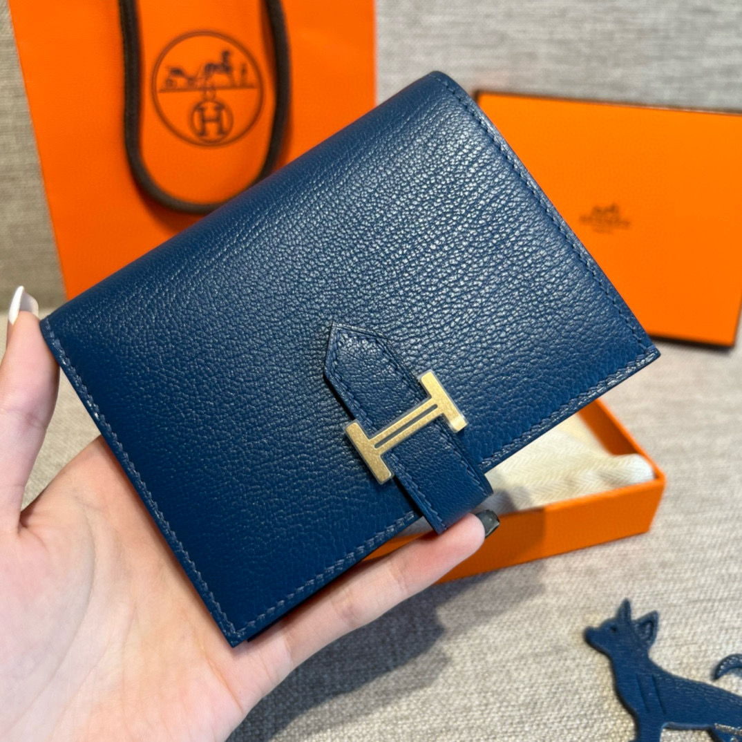 에르메스 Hermes Bearn Compact wallet 12cm Chever 7K sapphire/gold