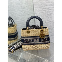 디올 Dior Medium Lady Bag Natural Wicker Blue Oblique Jacquard 24cm