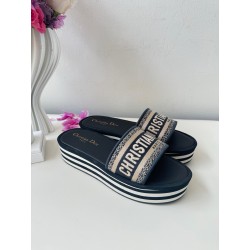디올 Dior Dway Platform Slide Embroidered Cotton Deep Blue