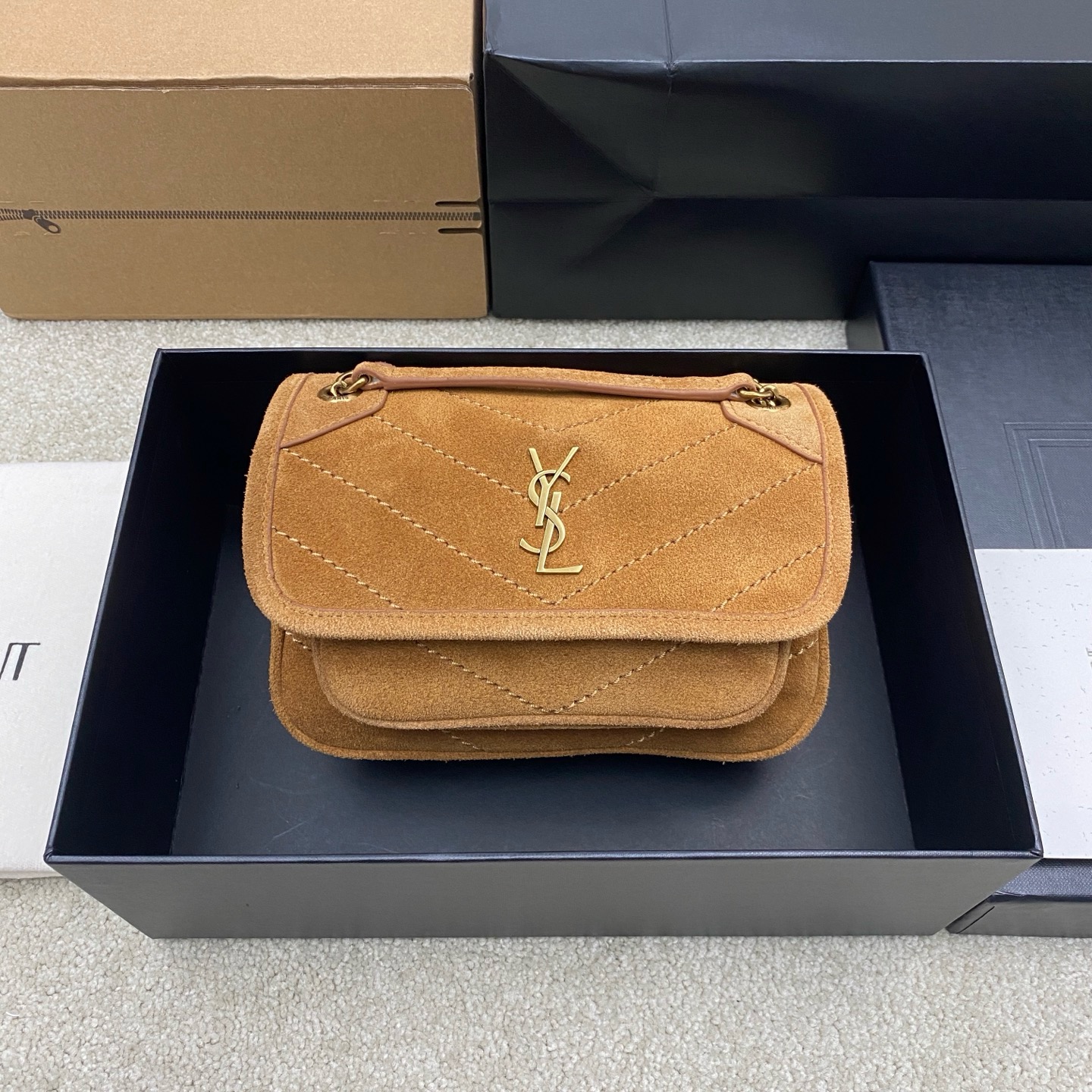 생로랑 Saint laurent YSL 828736 Niki Mini Chain Bag  in suede CARAMEL COGNAC 18cm